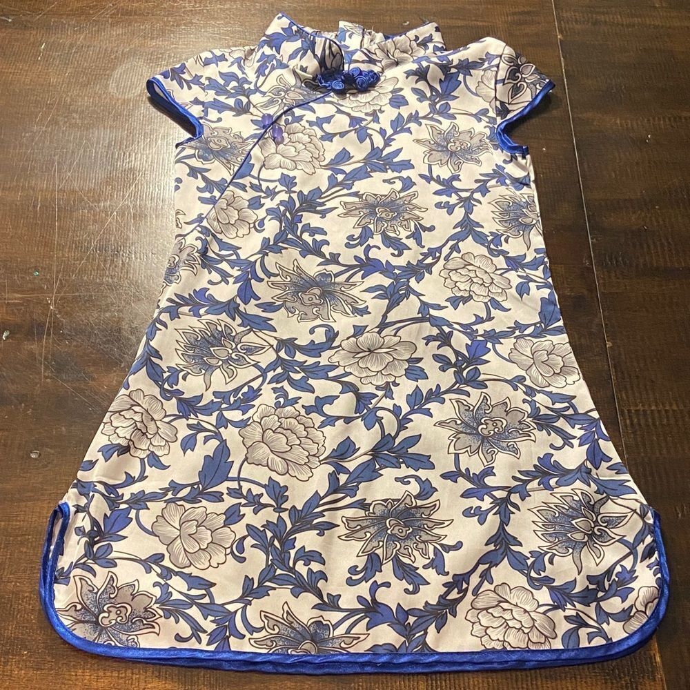 Floral Blue and white asian inspired dress little girl dress 2/3 year old